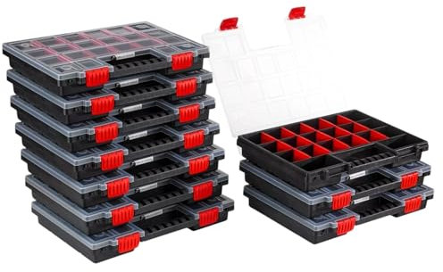 Valle Verde 10er Set Sortimentskasten, Sortierkasten, Kleinteilemagazin, Sortierbox - Verstellbare Trennstege, Transparenter Deckel, Verschließbar, Stapelbar, Kunststoff - 34,4 cm x 24,9 cm x 5 cm