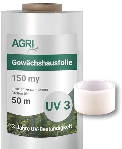 AGRI plus Gewächshausfolie mit Reparaturband I 2 x 15 m I Verschiedene Größen I 0,150 mm Stärke I Reißfeste Gartenfolie für Abdeckungen I Schutzplane wetterfest & 3 Jahre UV-beständig