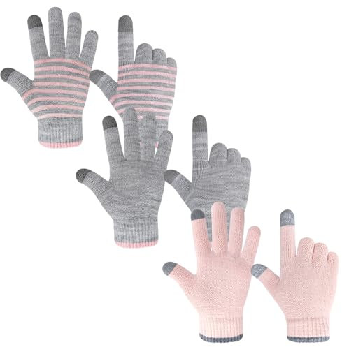 Migliore Wear 3 Paar Kinder Magic Handschuhe mit 2 Touchscreen Finger, Winter Kinder Handschuhe, Warme Strickhandschuhe, Vollfinger Stretch Zauberhandschuhe für Jungen Mädchen