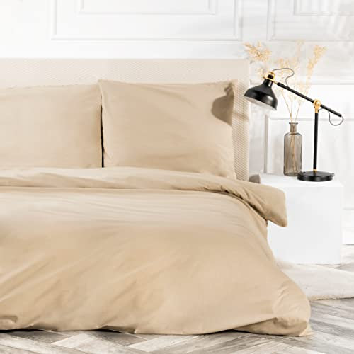 VelvetHome Deluxe Bettwäsche 135x200 Baumwolle Bettbezug 135x200 cm mit Kissenbezug 80x80 cm Hohe Qualität Bettwäsche-Set mit Reißverschluss 100% Baumwolle Made in EU Beige 135 x 200