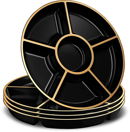 Plasticpro 6 vassoi sezionali rotondi in plastica, colore: nero e oro, confezione da 8