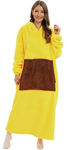 Lustige Kuscheldecke mit Ärmeln und Kapuze Tragbare Hoodie Decke mit Taschen Oversize Wärm Deckenpulli Winter Sofadecke Schlafanzug Kapuzenpullover für Camping Geschenkidee(Einheitsgröße,Gelb)