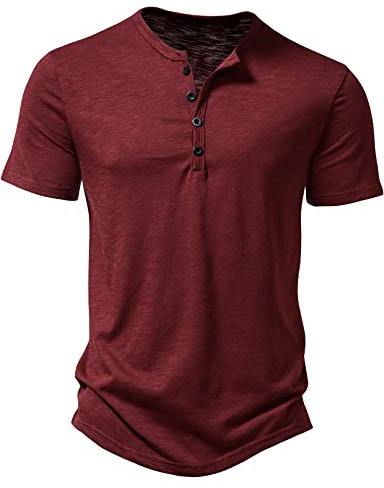 LucMatton Men's Casual Short Sleeve Slim Fit Henley Shirt Stylish 4 Buttons Muscle T-Shirts Burgundy Large