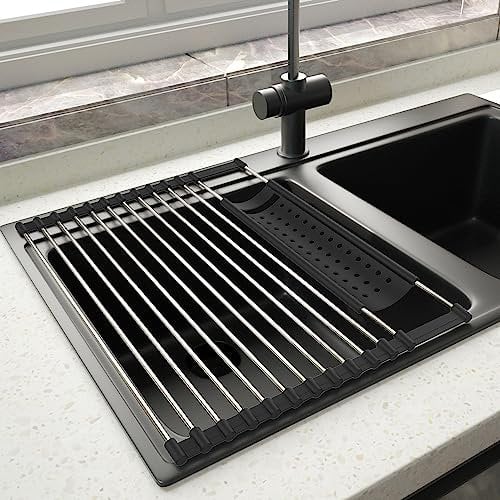GOOPOOL Escurreplatos Acero Inoxidable sobre Fregadero Secador de Rollos de Acero Inoxidable Plegable y Extraíble Cesta de Malla de Drenaje Red 43CM*32.5CM Negro