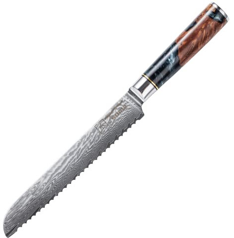 Tsume Brotmesser Onyx, Klingenlänge 19cm, Echtes Damast Küchenmesser, 67 Schichten VG10 Edelstahlkern mit schwarzem und weißen Kunstharz und Holz Handgriff, Rasiermesserscharf