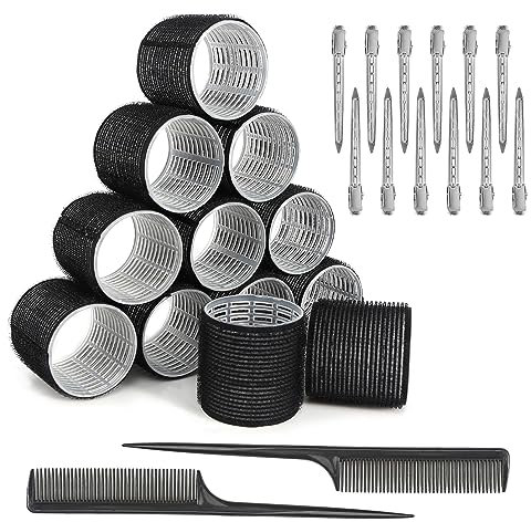 Bigoudis Cheveux Set, 26 Pièces de Bigoudis Set de Boucles Boucles Sans Chaleur Auto-adhésives, 12 Bigoudis avec 12 Pinces à Cheveux 2 Peignes pour Cheveux Longs Moyens Courts