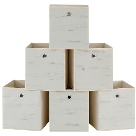 SONGMICS Storage Cubes, Set of 6 Storage Bins with Handle, Oxford Fabric and Non-Woven Fabric Storage Boxes, 26 x 26 x 28 cm, Fit Cube Storage Unit, Foldable, Vintage White RFB126W01