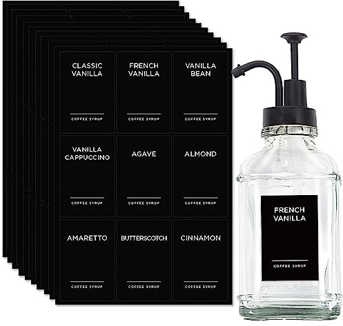 cdxhome 84 Kaffeesirup-Etiketten für Karamell, Vanille, Schokolade, wasserdichte Aufkleber für Kaffee, Sirup, Flasche und Spender, Kaffee-Bar-Zubehör (schwarz)