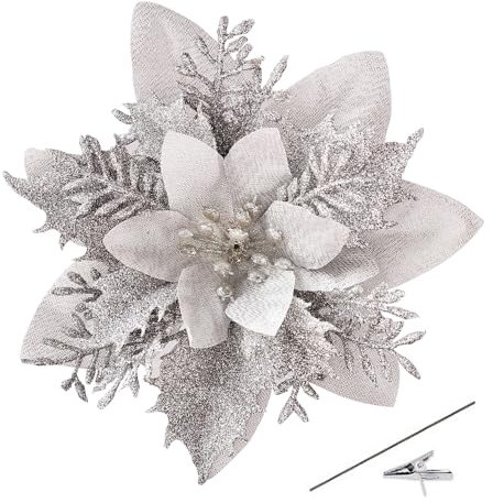 Bafenli 15 Stücke 14CM Weihnachten Künstliche Blumen Poinsettia Glitzer Weihnachtsblumen mit Clips Stämme Weihnachtsbaum Ornamente für DIY Kränze Girlande Haus Party Urlaub Dekoration - Silber