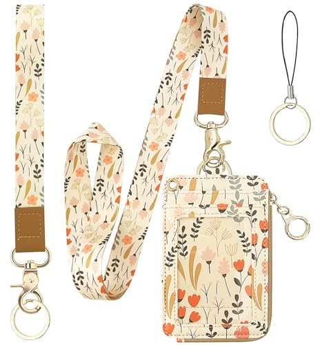bolimoss Umhängeband mit Blumenmuster für Ausweis, Brieftasche, Schlüsselband mit Reißverschlusstasche, niedlicher Damen-Ausweishalter mit abnehmbarem Hals-Handgelenk-Schlüsselband,, KT055-4