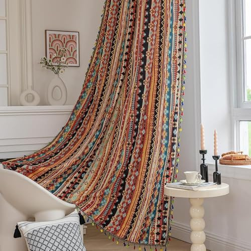 Erbnaryx Boho-Vorhänge, geometrische Lichtfilterung, halbverdunkelnd, Fenstervorhänge, 244 cm, Lange Stangentaschen, Vorhänge für Wohnzimmer, 2 Paneele, Vintage-Rot