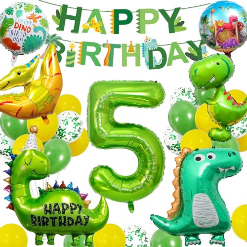 yosiio Dino Geburtstag Deko 5 Jahre, Geburtstagsdeko 5 Jahre Junge, Dinosaurier Deko Kindergeburtstag, Dino Luftballons, Folienballon 5 für Dino Deko Kindergeburtstag, Geburtstagsdeko Jungen 5 Jahre