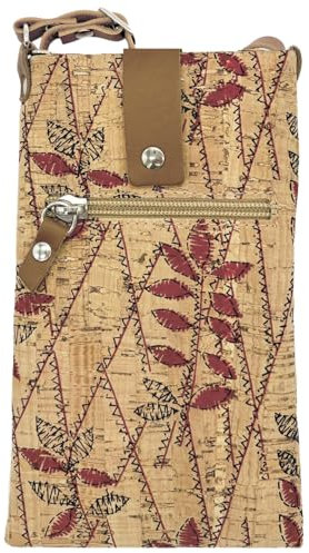 Blanck. Handytasche aus Kork. Blätter Rot. Lederriemen mit Druckknopf. Vordertasche mit Reißverschluss. Verstellbarer Schulterriemen aus Leder. 10,5 x 19 x 2,5 cm und 44 g.