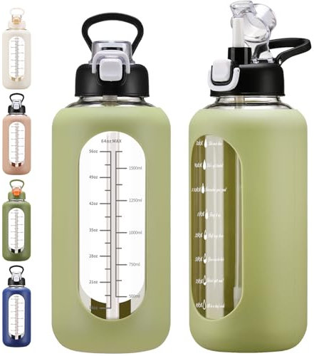 chunmo 64 oz Glass Water Bolttles with Straw Half Gallon Large Motivational Water Bottle with Time Marker Sports Water Bottles with Silicone Sleeve and Handle Lid Water Jug for Gym Workout