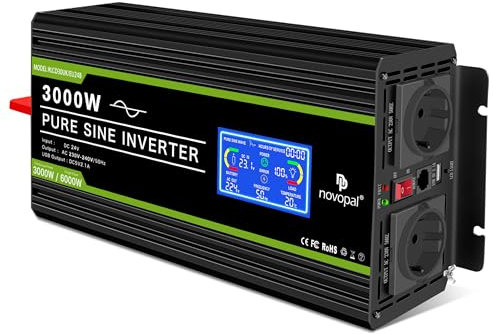 NOVOPAL®3000W Spannungswandler 24V Auf 230v Reiner Sinus Wechselrichter mit 2 EU-Steckdose und Einer USB,5m-Fernsteuerung,LCD Bildschirm -Spitzenleistung 6000w Kfz Konverter
