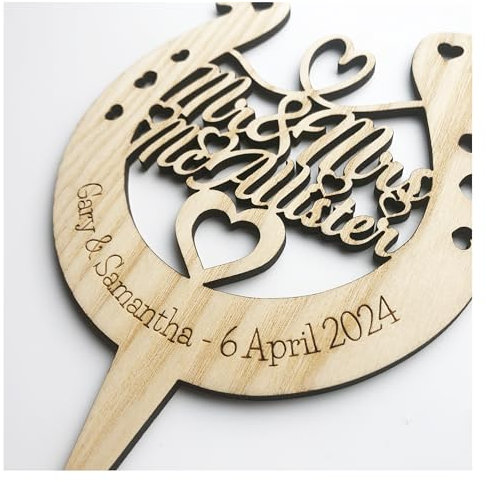 Mr and Mrs Wedding Cake Topper - Wooden And Personalised - Lucky Horseshoe - Laser Engraved