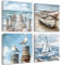 ZQQART Küsten Leinwanddrucke 4 teilig blauer Strand Leuchtturm Boot Promenade Möwe Bild rustikale nautische Meereslandschaft Gemälde für Badezimmer Schlafzimmer Wohnzimmer Wanddekoration (30x30cmx4)