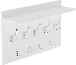 HWS FURNITURE Wandgarderobe Weiß mit 9 chrom Haken, Wandregal, Wandmontierte Garderobe für Flur, Schlafzimmer, Büro, Loft-Stil