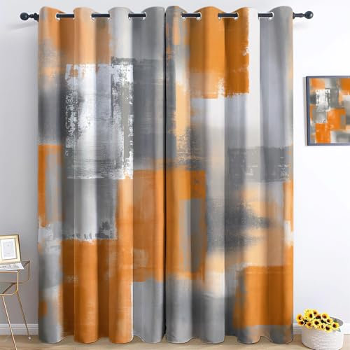 Vorhang Verdunkelung Grau Orange Abstrakt FarbblöCke dekorative Vorhänge H175 x B140 cm (2er Pack) Schlafzimmervorhänge Muster Gardinen Mit Ösen geeignet für Balkon Schlafzimmer Wohnzimmer Fenster