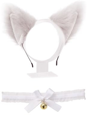 1 Stück Katzenohren-Stirnband Und 1 Stück Halsband, Süßes Plüsch-Stirnband, Kreatives Tier-Stirnband, Cosplay-Kostüm-Zubehör (Weiß)