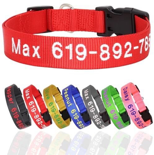 Personalized Embroidered Nylon Dog Collar with Quick Release Buckle, Red | Custom embroidered name & phone; 5 sizes XS-XL, sturdy durable nylon, adjustable fit for male, female dogs & puppies