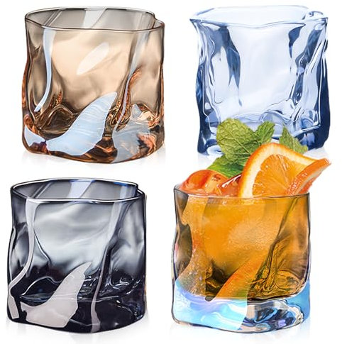 BAIFULAI Gläser Set 4er 200ml, Unregelmäßiges Kristall Whiskeygläser, Vintage Glasses - Trinkgläser Kaffeegläser für Eiskaffeegläser Cocktailgläser Wasser Tee Kaffee Saft, 4 Farben