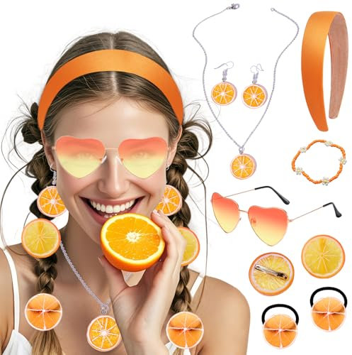 Orange Karneval Kostüm Zubehör，9 Orange Fasching Kostüm mit Orangenscheibe Ohrringe Halskette Herz Brille Haarreif Zubehör für Retro Sommertag Party Kostüm Damen