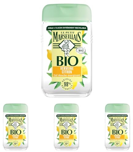 Le Petit Marseillais Gel Douche Énergisant BIO Verveine Citron (flacon de 250 ml) – 98% d'ingrédients d'origine naturelle et pH neutre pour la peau – Emballage recyclable et rechargeable (Lot de 4)