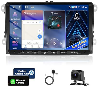 Motorsi 4+64G Autoradio con Carplay per VW Passat Golf MK5 MK6 JETTA POLO Touran Sedile Sharan, 9 Stereo Bluetooth con Navigazione GPS/Collegamento a Specchio/WiFi/RDS/Hi-Fi+Telecamera