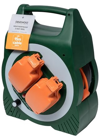 Daewoo Weatherproof Extension Reel 15m, 2 Socket Outdoor Cable Reel with Safety Cover, Thermal Cut-Out & Carry Handle, Heavy Duty Power Reel for Garden, Garage, Camping, DIY