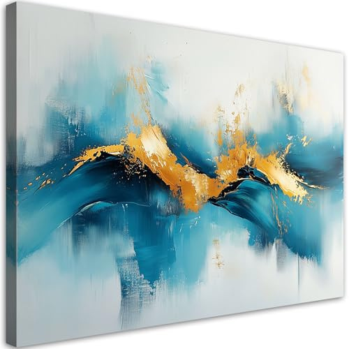 Feeby Leinwand Bilder - Abstraktes Türkis mit Gold - Canvas 90x60 cm - Deko Wohnzimmer - Wandbilder Schlafzimmer - Deko Aesthetic - Wand Deko - Leinwand Groß - Deko Zimmer - Leinwandbilder XXL