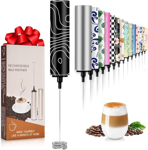 Milk Frother with 5 Detachable Whisk Heads, USB Rechargeable 2-Speed Coffee Whisk and Foam Maker for Latte, Cappuccino, Matcha, Protein Shakes, Hot Chocolate and Eggs(Flower 18)