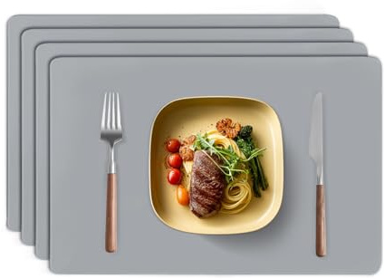 TAZAMI Silicone Placemat for Table set of 4 Reusable Washable Non-Slip Table Mats Nonstick Heat Resistant Waterproof Placemats for Kitchen Restaurant Office Desk 30X40cm(Grey)
