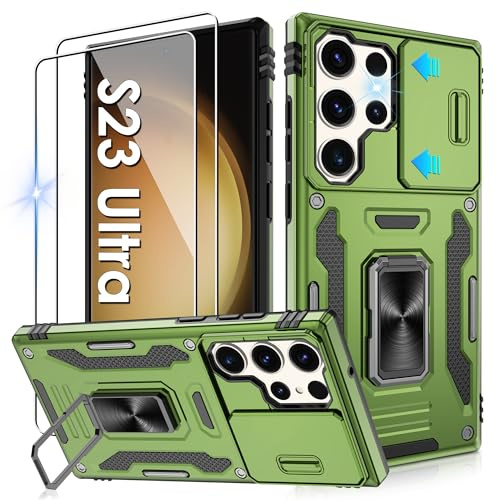 Jshru Handyhülle für Samsung Galaxy S23 Ultra Hülle Kameraschutz Slide mit 2 STK Schutzfolie Militär Stoßfest Sturzsichere Schutzhülle 360° Metall Ring Ständer Case für Galaxy S23 Ultra,Olive Grün