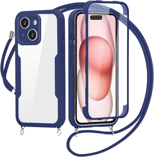 FERLAN Crossbody Lanyard Case for iPhone 13 Mini with Strap,360° Full Body with Built-in Screen Protector Touch Sensitive Shockproof Soft TPU Bumper Necklace Phone Case Protective Cover(Blue)