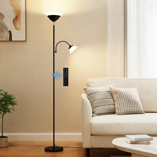 SIBRILLE 2-in-1 Torchiere Floor Lamp, 34W Super Bright LED Standing Lamp with Remote & Touch Control, 72 Dimmable Adjustable Corner Reading Lamp for Living Room, Bedroom, Office, Black