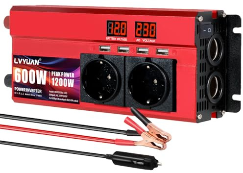 LVYUAN Convertisseur 12V 220V 1200W Transformateur DC à AC convertisseur de Puissance Voiture onduleur Inverter 2 Prises EU, 4 Ports USB et 2 Prises pour Allume cigares, Red