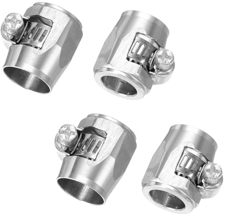sourcing map 4pcs 6AN Hose Finisher Clamp Aluminium Hex Car Hose Finisher Flexible Pipe Clamps with Screw Band for Fuel Gas Oil Air Water Tube, Silver