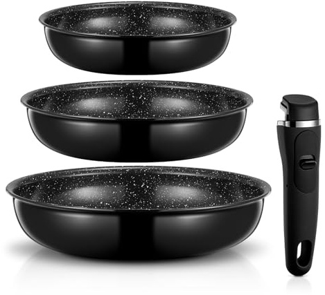 FOHERE Frying Pans Nonstick with Detachable Handle, 20 24 28 CM Ceramic Pan | Oven Safe Skillets and Frying Pan, Compatible with All Stoves, Aluminum Frying Pan Induction, Black