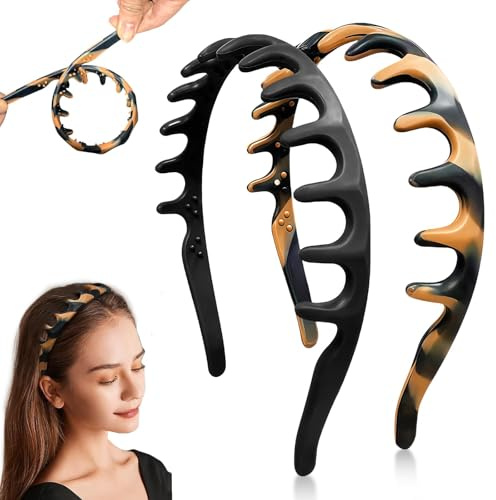 VelvetGlow 2 Stück Silikon Stirnbänder für Frauen rutschfestes Kamm Stirnband mit Zähnen nicht knackbare Haarbänder für Damen Haar Modezubehör (Schwarz, Schildpatt)
