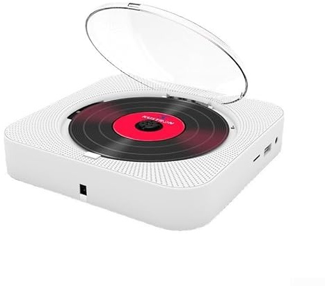 Tragbarer CD-Player, 16,7 x 16,7 x 3 cm, mit LED-Bildschirm, Wandmontage, Bluetooth-kompatibel, FM-Radio, MP3-CD, integrierter 2000-mAh-Akku für Heimbüro, Weiß
