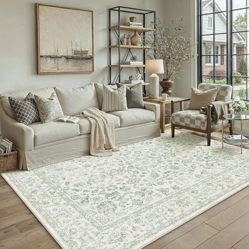 PureCozy Teppich Wohnzimmer Grün 160x230cm Waschbarer rutschfest Teppiche | Weicher Kurzflor, Pflegeleicht, Vintage Carpet, Schlafzimmer, Esszimmer, Büro ,Kinderzimmer