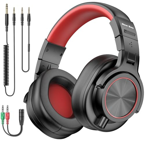 New Bee Auriculares con cable, auriculares de estudio con controladores de 50 mm y conector de 6,35 mm y 3,5 mm para monitor de estudio y mezcla de DJ, guitarra, AMP, podcast, teclado de piano, rojo y