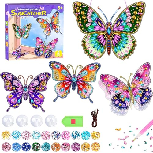 DONGZQAN 4 ensembles de bricolage pour enfants de 8 10 6 ans, artisanat filles 6 ans papillon cadeau 7 5 9 peinture diamant peinture fenêtre set artisanat