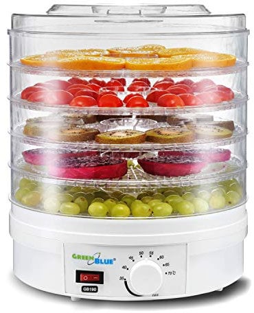 Green Blue GB190 Dörrautomat mit Temperaturregler 35–70 °C | 250 W BPA-frei Extra Leise | Dörrgerät für Obst Gemüse Fleisch Fisch Kräuter Pilze | 5 Platten je 4,5 cm Höhe