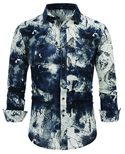 Allthemen Mens Casual Printed Shirts Summer Long Sleeve Linen Shirt Funky Floral Hawaiian Shirt XS-5XL CS3 XL