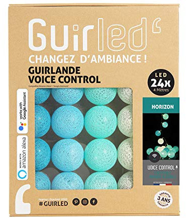 GuirLED - LED Baumwollkugeln Lichterkette USB - Sprachsteuerung - Connected Home - Amazon Alexa & Google Assistant - 2xUSB-Netzadapter enthalten - 24 Kugeln 2,4m - Horizont