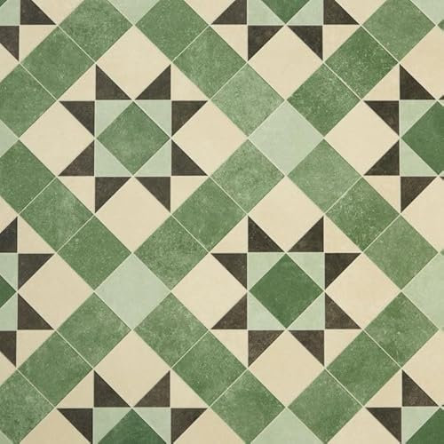Tile Effect Vinyl Flooring Roll Green Victorian Felt Back Lino Flooring for Kitchens, Bathrooms and Hallways 2m 3m Width 2m To 7m Length (Atkinson, 4m x 2m)