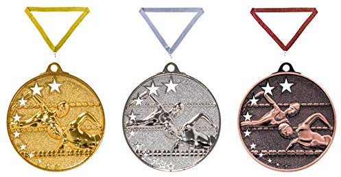 Henecka Medaille Schwimmen, Medaillen mit Wunschgravur, inklusive Halsband, wählbar in Gold, Silber, Bronze, oder als 3er-Serie (Bronze)