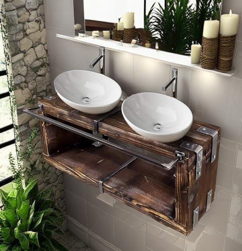 CHYRKA® Badmöbel Waschtisch BORYSLAW-Bad Waschbecken Hängeschrank Waschtischunterschrank Waschbecken-Unterschrank Metall Holz Loft Handmade (Natur, 100 x 28 cm H=40 cm)